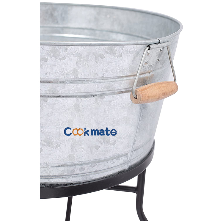 Large Liter Container Beer Beverage Tub Metal Galvanized Bucket With Wood Handles