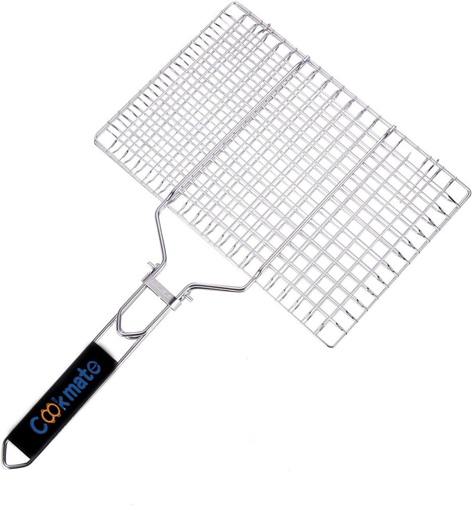 Portable Useful BBQ Utensils Stainless Steel BBQ Square Shape Grilling Basket with Foldable Wooden Handle