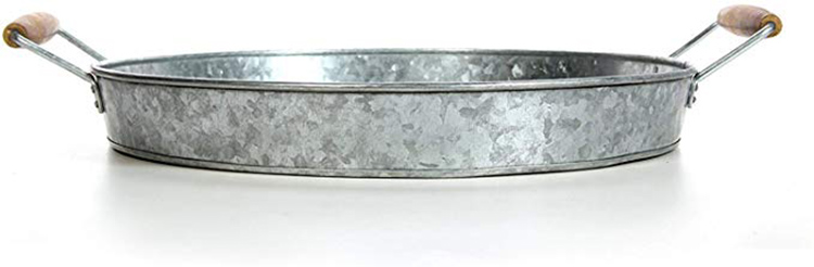 Round Galvanized Metal Party Serving Tray with Wooden Handles