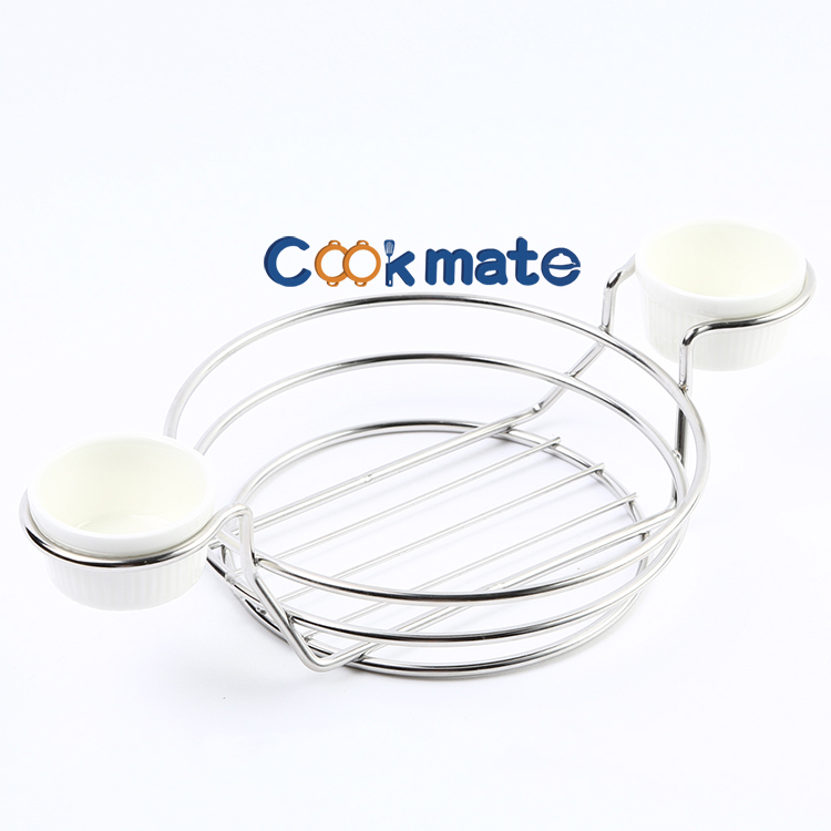 Cookmate strong quality durable Stainless Steel Fries Serving Tray , Wire Round Bread Basket with 2 Ceramic Sauce Cups