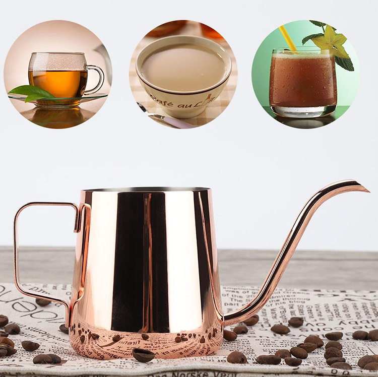 Zero Defects Rose Gold Elegant Shape 350 Ml Stainless Steel Gooseneck Pour Over Drip Coffee Maker Tea Coffee Cup Pot Mug