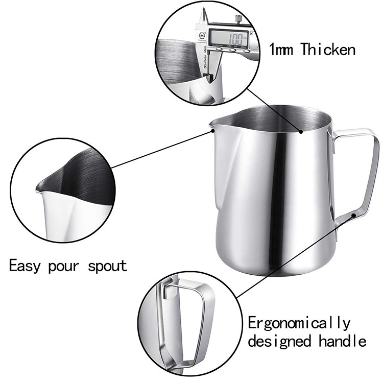 Selected Quality Amazon Hot Sell Multi Size 304 Stainless Steel Heavy Gauge Custom Hand Free Milk Pitcher Jug