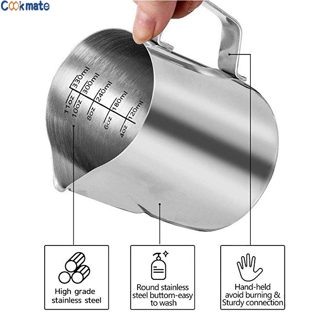 100/150/200/350/600/1000ml Steaming Pitcher Measurements on Both Sides Coffee Creamer Pitcher