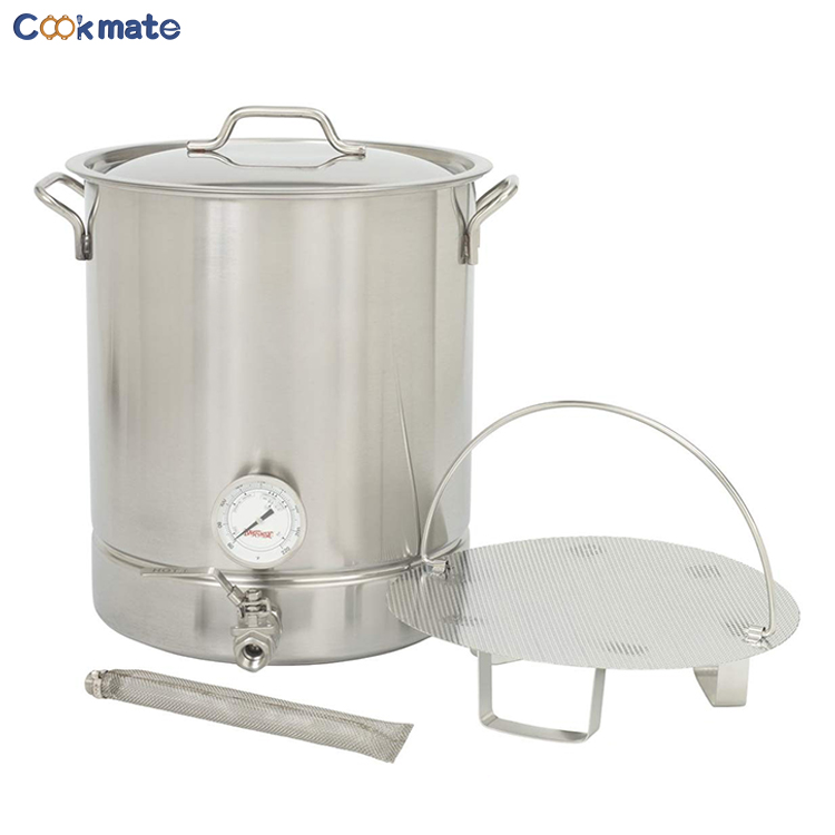 10 Gallon Home Beer Brew Kettle Pot Pre Drilled Tri Ply Bottom Thermometer, Ball Valve Spigot - Home Brewing Supplies